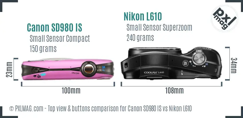 Canon SD980 IS vs Nikon L610 top view buttons comparison