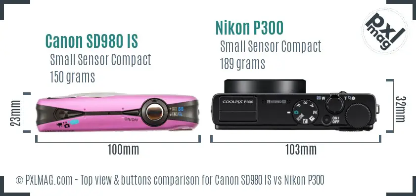 Canon SD980 IS vs Nikon P300 top view buttons comparison Canon SD980 IS vs Nikon P300 top view buttons comparison