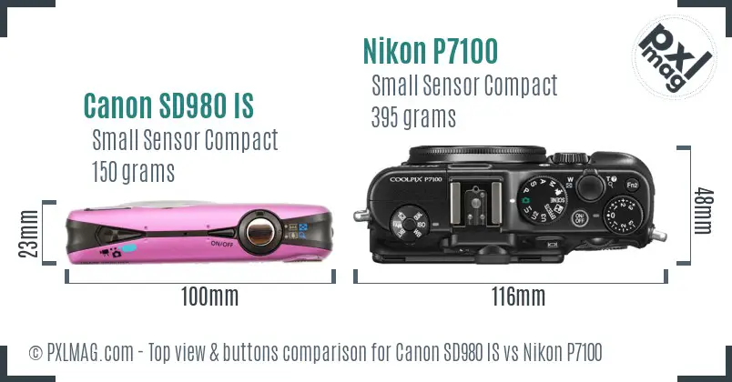 Canon SD980 IS vs Nikon P7100 top view buttons comparison