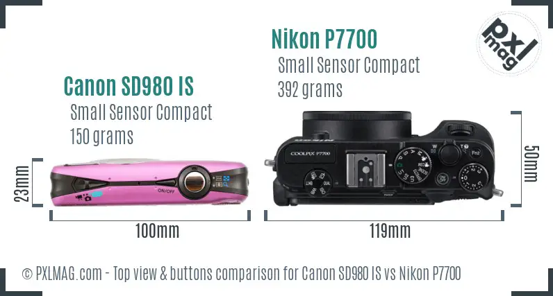 Canon SD980 IS vs Nikon P7700 top view buttons comparison