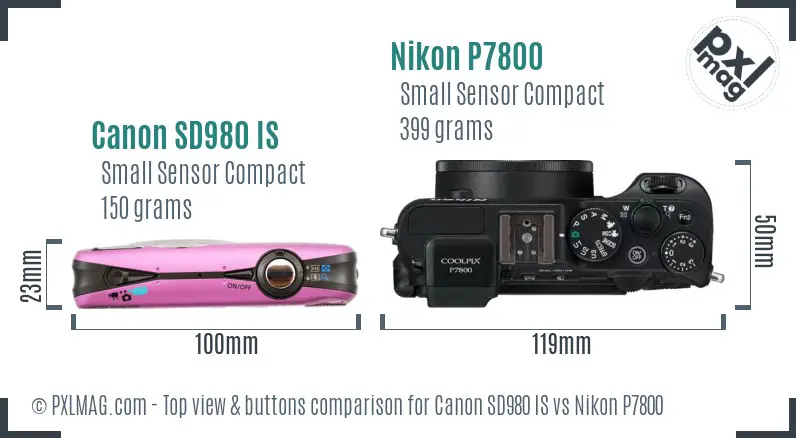 Canon SD980 IS vs Nikon P7800 top view buttons comparison