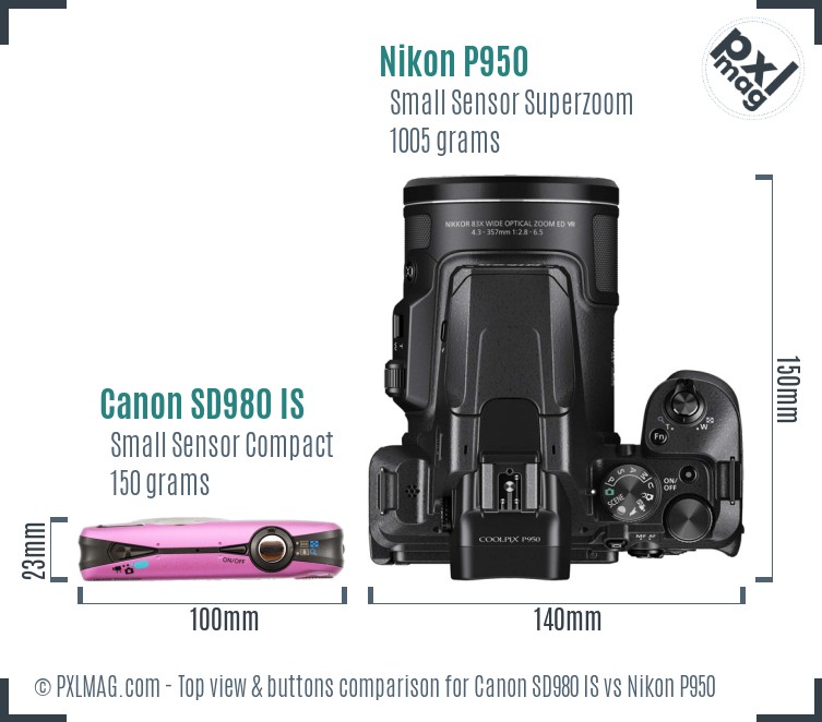 Canon SD980 IS vs Nikon P950 top view buttons comparison
