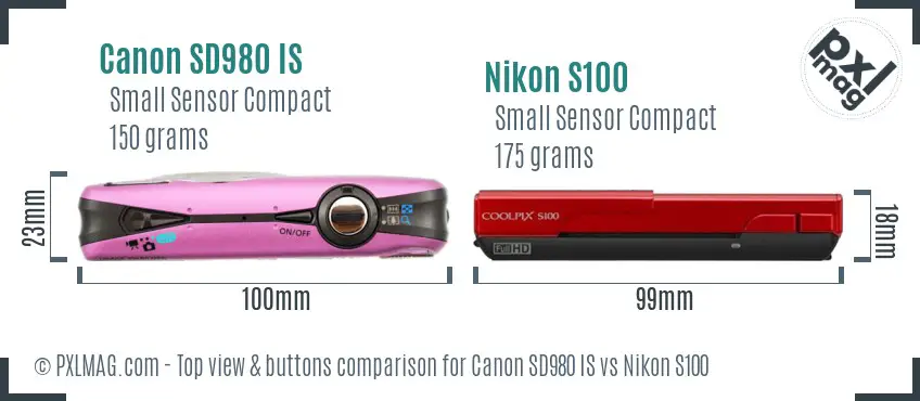 Canon SD980 IS vs Nikon S100 top view buttons comparison