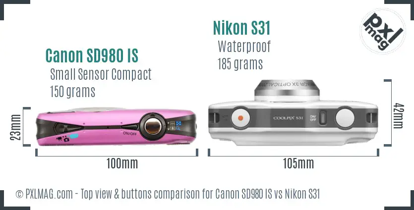 Canon SD980 IS vs Nikon S31 top view buttons comparison