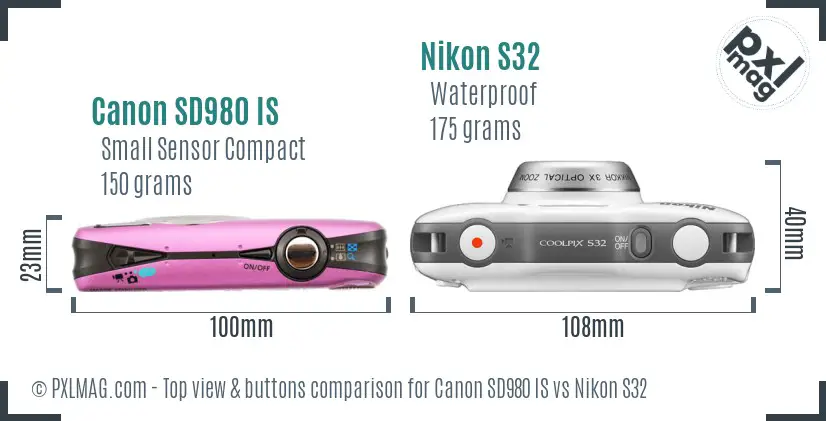 Canon SD980 IS vs Nikon S32 top view buttons comparison