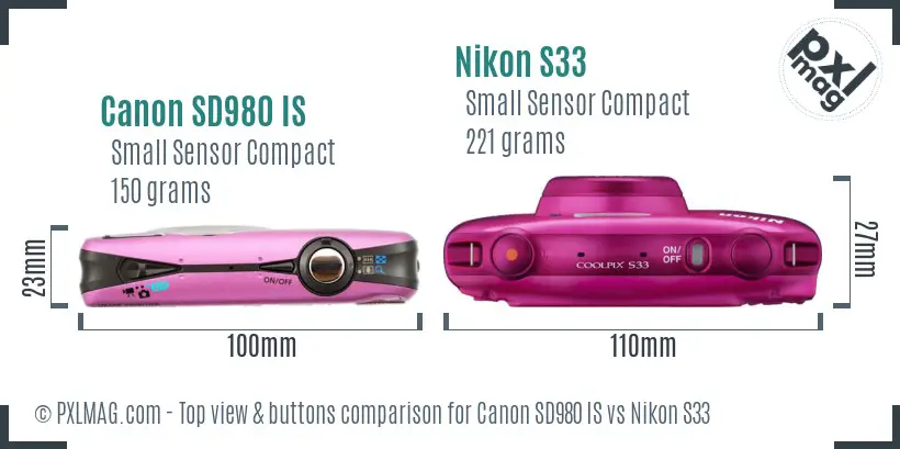 Canon SD980 IS vs Nikon S33 top view buttons comparison