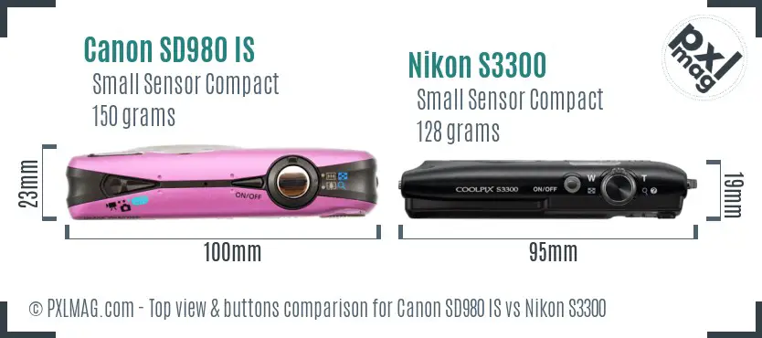 Canon SD980 IS vs Nikon S3300 top view buttons comparison Canon SD980 IS vs Nikon S3300 top view buttons comparison