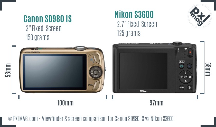 Canon SD980 IS vs Nikon S3600 Screen and Viewfinder comparison