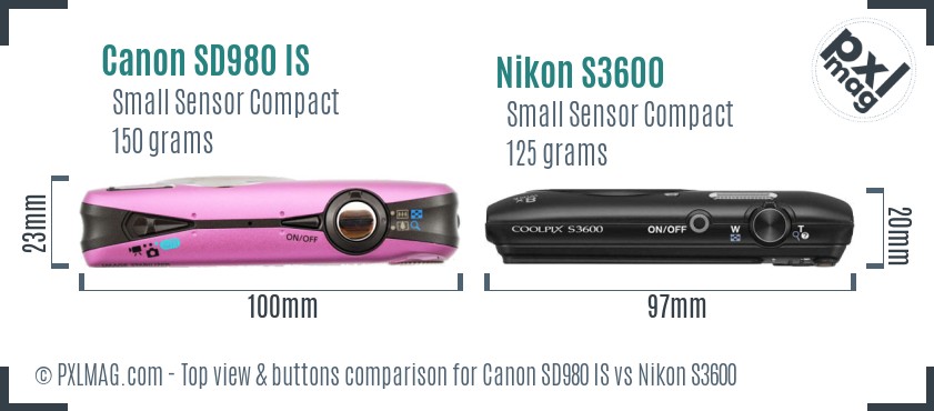 Canon SD980 IS vs Nikon S3600 top view buttons comparison