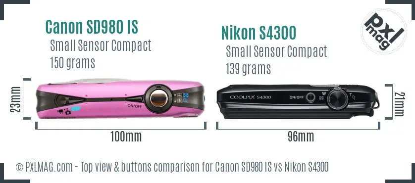 Canon SD980 IS vs Nikon S4300 top view buttons comparison