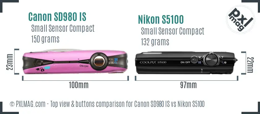 Canon SD980 IS vs Nikon S5100 top view buttons comparison
