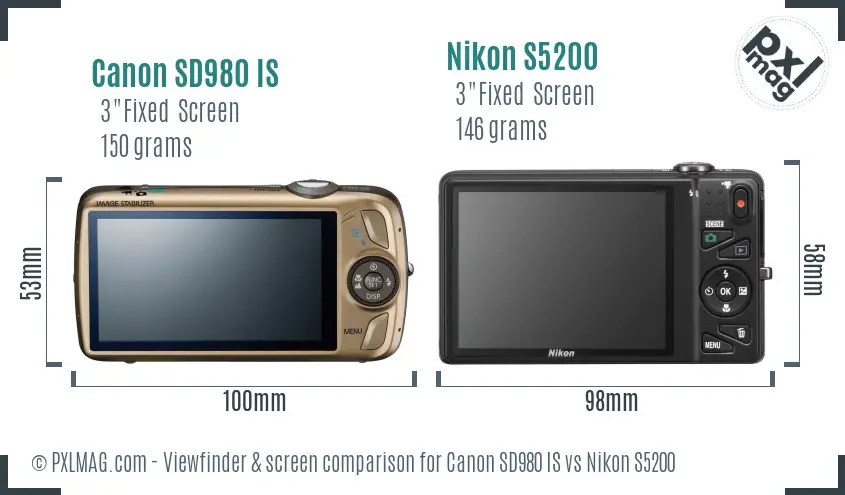 Canon SD980 IS vs Nikon S5200 Screen and Viewfinder comparison