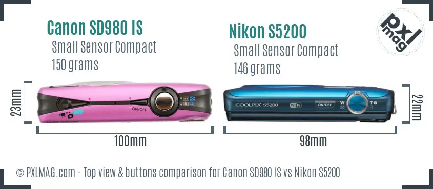 Canon SD980 IS vs Nikon S5200 top view buttons comparison