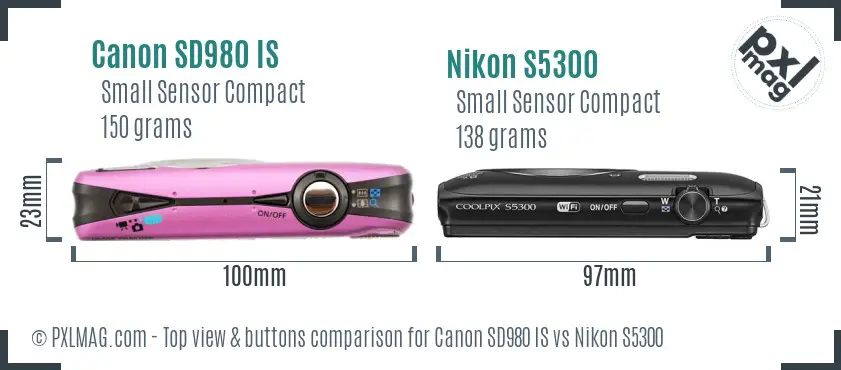 Canon SD980 IS vs Nikon S5300 top view buttons comparison
