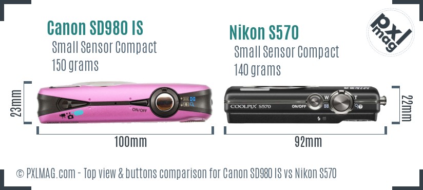 Canon SD980 IS vs Nikon S570 top view buttons comparison