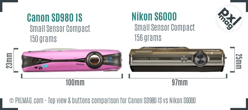 Canon SD980 IS vs Nikon S6000 top view buttons comparison