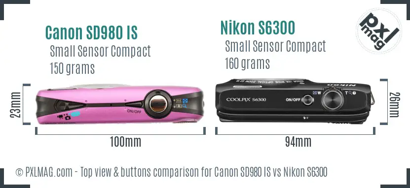 Canon SD980 IS vs Nikon S6300 top view buttons comparison Canon SD980 IS vs Nikon S6300 top view buttons comparison