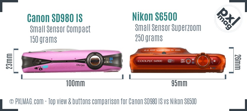 Canon SD980 IS vs Nikon S6500 top view buttons comparison
