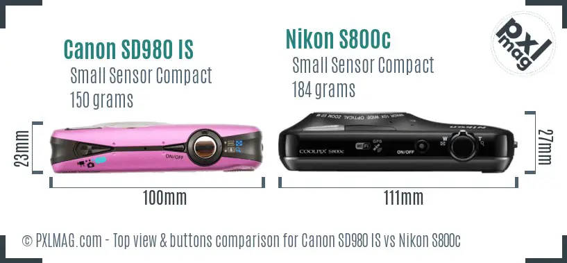Canon SD980 IS vs Nikon S800c top view buttons comparison