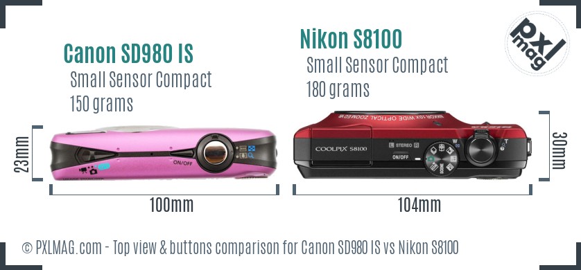 Canon SD980 IS vs Nikon S8100 top view buttons comparison