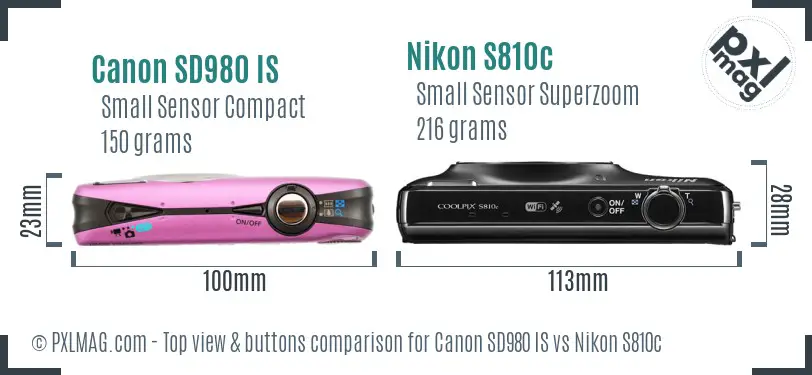 Canon SD980 IS vs Nikon S810c top view buttons comparison