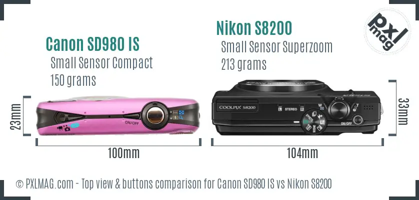 Canon SD980 IS vs Nikon S8200 top view buttons comparison