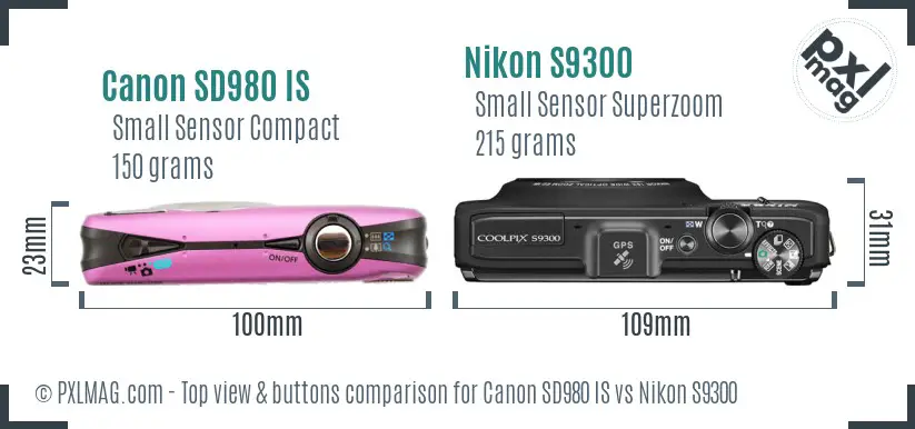 Canon SD980 IS vs Nikon S9300 top view buttons comparison Canon SD980 IS vs Nikon S9300 top view buttons comparison