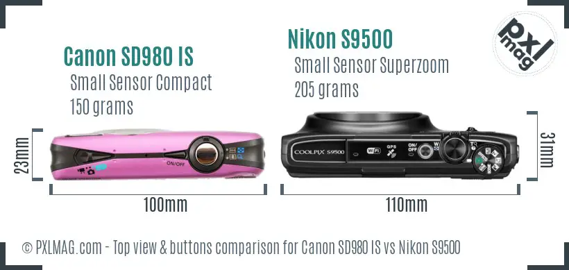 Canon SD980 IS vs Nikon S9500 top view buttons comparison