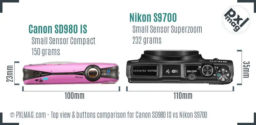 Canon SD980 IS vs Nikon S9700 top view buttons comparison Canon SD980 IS vs Nikon S9700 top view buttons comparison