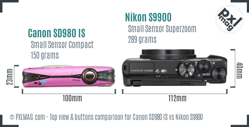 Canon SD980 IS vs Nikon S9900 top view buttons comparison