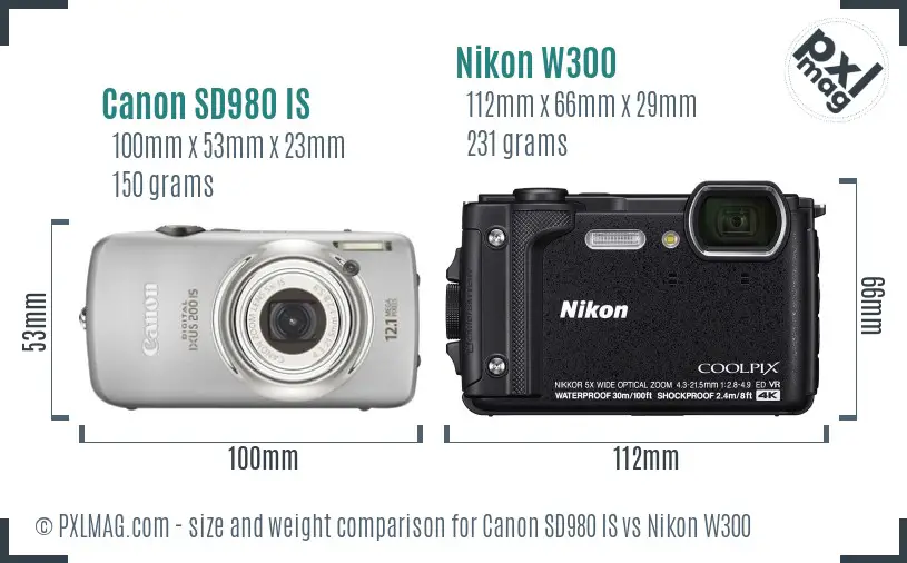 Canon SD980 IS vs Nikon W300 size comparison