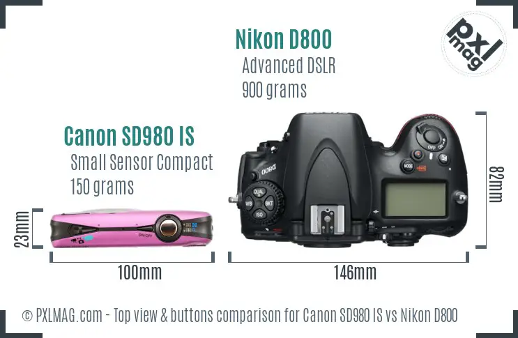 Canon SD980 IS vs Nikon D800 top view buttons comparison