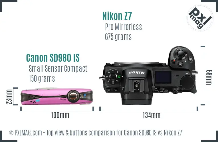 Canon SD980 IS vs Nikon Z7 top view buttons comparison