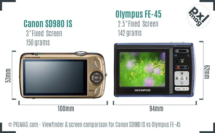 Canon SD980 IS vs Olympus FE-45 Screen and Viewfinder comparison