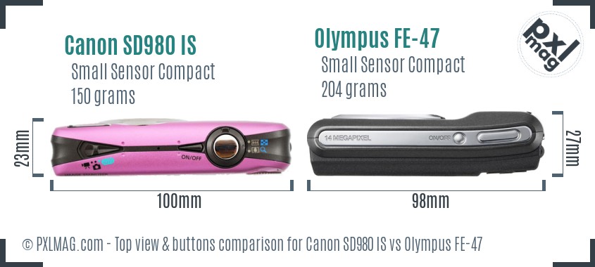 Canon SD980 IS vs Olympus FE-47 top view buttons comparison