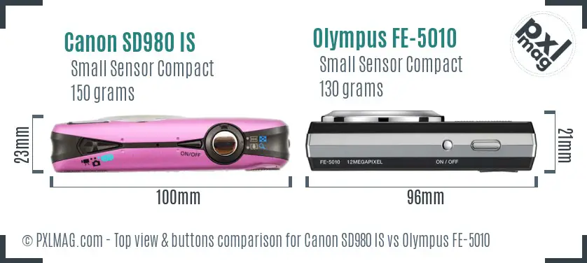 Canon SD980 IS vs Olympus FE-5010 top view buttons comparison