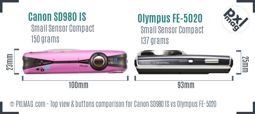 Canon SD980 IS vs Olympus FE-5020 top view buttons comparison