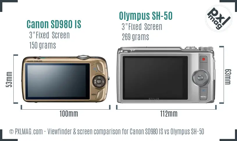 Canon SD980 IS vs Olympus SH-50 Screen and Viewfinder comparison
