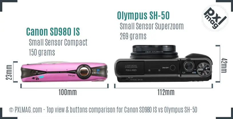 Canon SD980 IS vs Olympus SH-50 top view buttons comparison