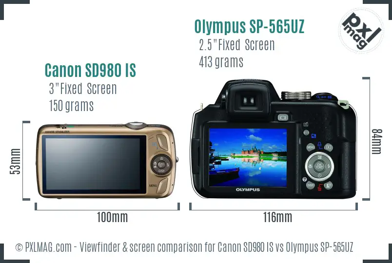 Canon SD980 IS vs Olympus SP-565UZ Screen and Viewfinder comparison