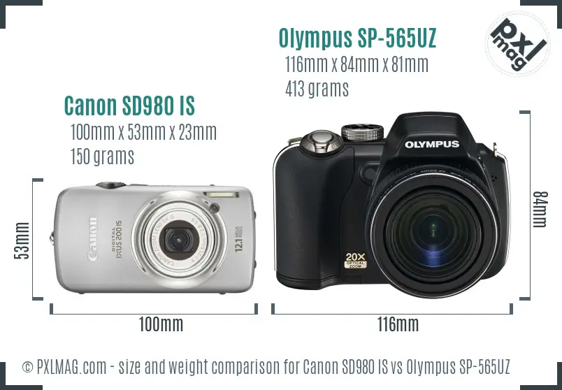 Canon SD980 IS vs Olympus SP-565UZ size comparison