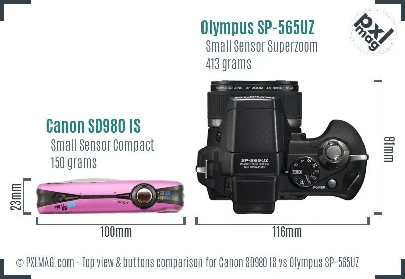 Canon SD980 IS vs Olympus SP-565UZ top view buttons comparison