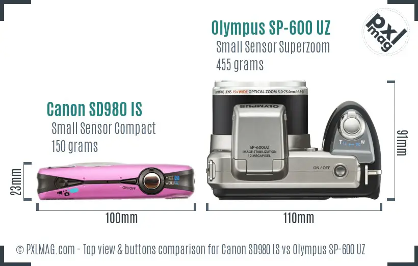 Canon SD980 IS vs Olympus SP-600 UZ top view buttons comparison