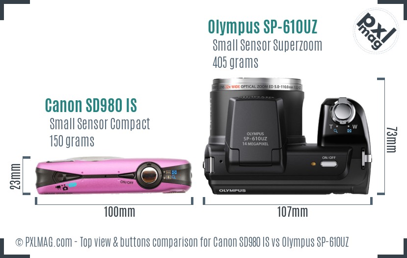 Canon SD980 IS vs Olympus SP-610UZ top view buttons comparison