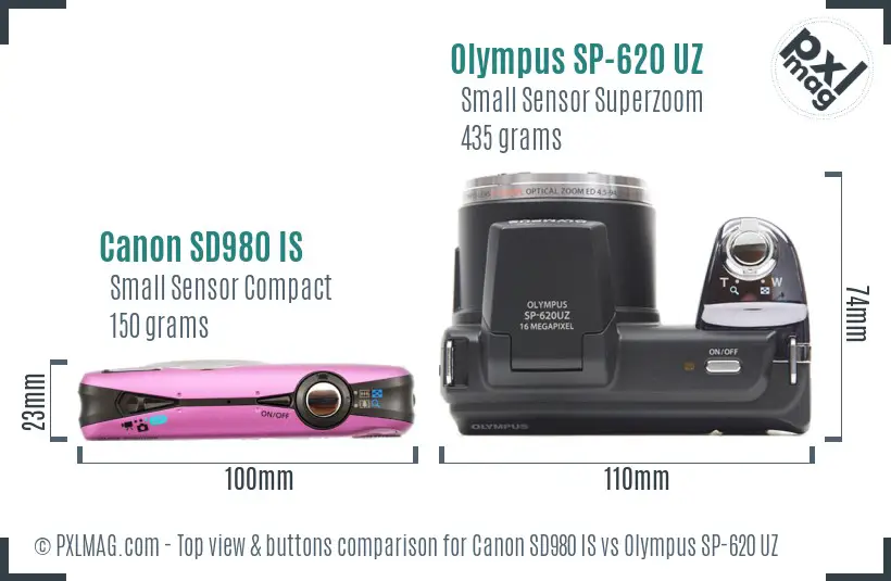 Canon SD980 IS vs Olympus SP-620 UZ top view buttons comparison