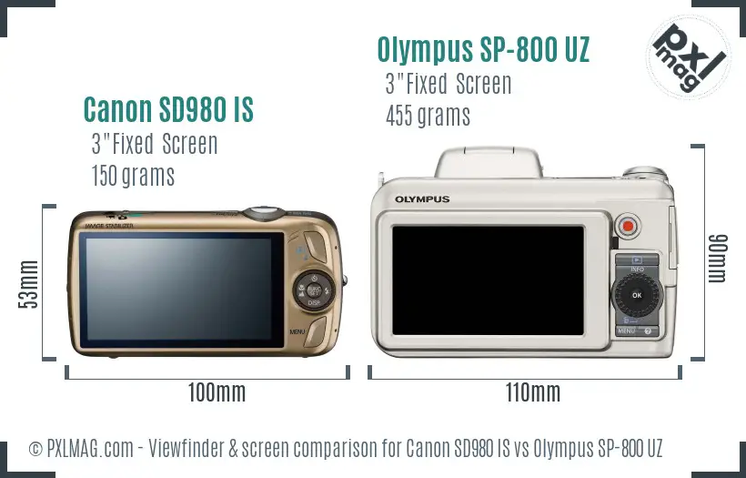 Canon SD980 IS vs Olympus SP-800 UZ Screen and Viewfinder comparison