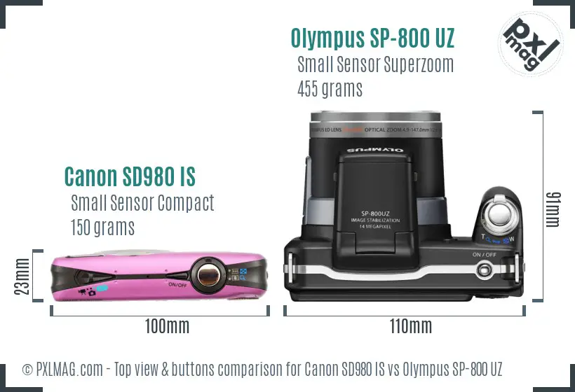 Canon SD980 IS vs Olympus SP-800 UZ top view buttons comparison