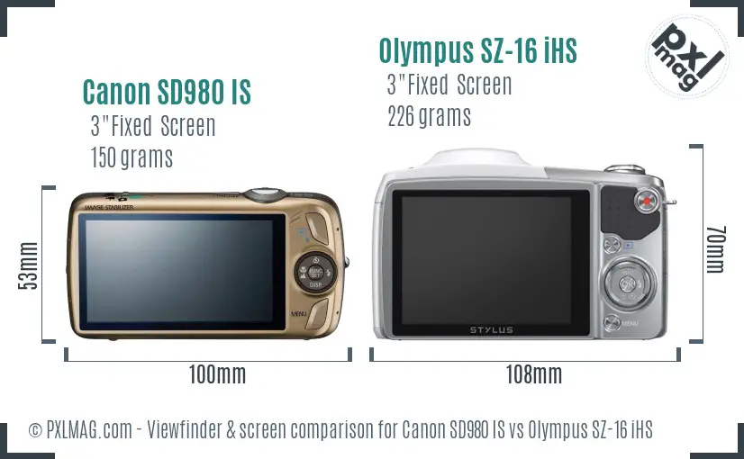 Canon SD980 IS vs Olympus SZ-16 iHS Screen and Viewfinder comparison