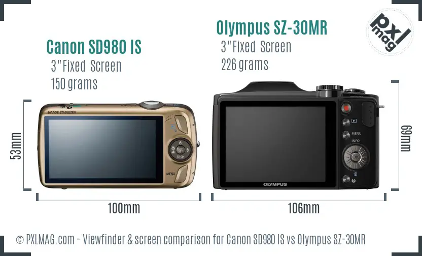 Canon SD980 IS vs Olympus SZ-30MR Screen and Viewfinder comparison