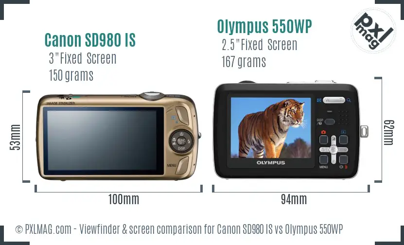 Canon SD980 IS vs Olympus 550WP Screen and Viewfinder comparison